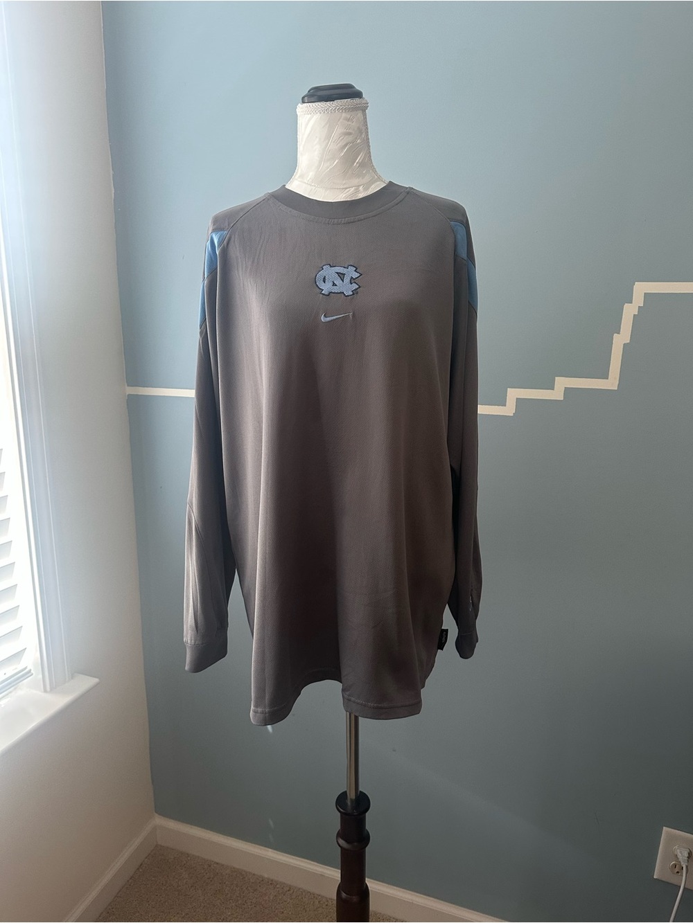 Nike Men's Long Sleeve Grey Shirt with Light Blue UNC Logo